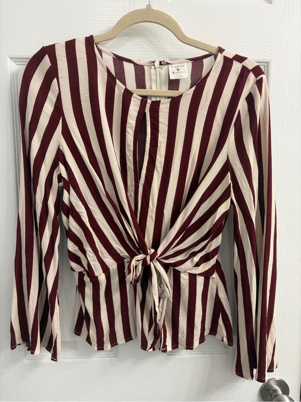 By Together Burgundy & Cream Striped Tie-Front Blouse
